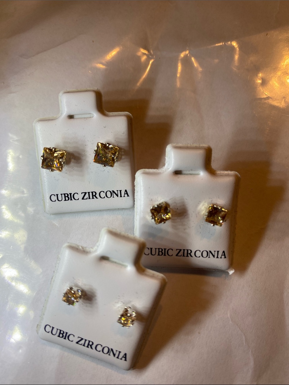 Cubic Zirconia Gold-Tone Square Stud Earrings Trio